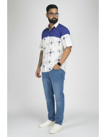 Sambalpuri Handloom and Print Dark blue Off White Mens Shirt