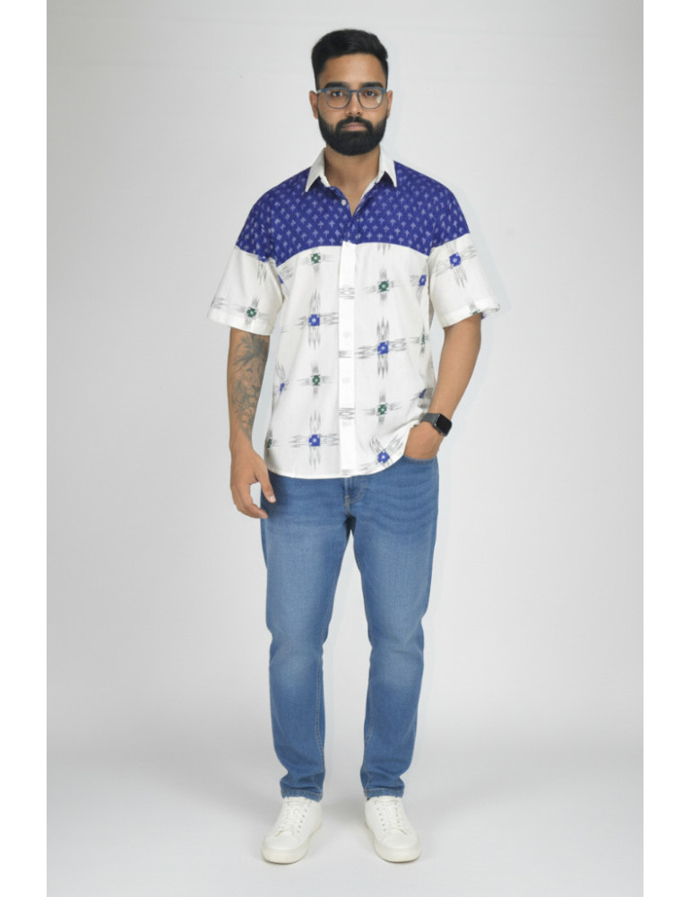 Sambalpuri Handloom and Print Dark blue Off White Mens Shirt