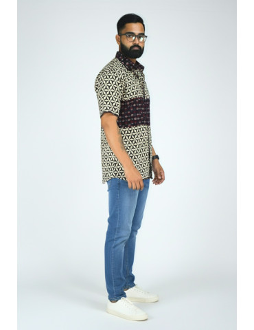Hand Block Print Black Off White Maroon Color Mens Shirt