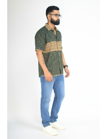 Hand Block Print Buttle Green Line Design Brown Color Mens Shirt