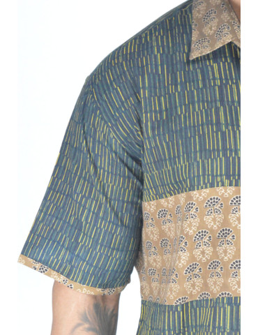 Hand Block Print Buttle Green Line Design Brown Color Mens Shirt