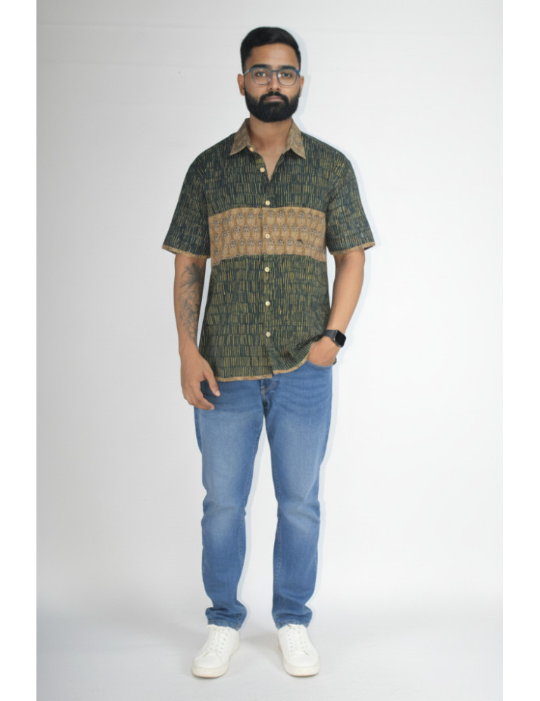 Hand Block Print Buttle Green Line Design Brown Color Mens Shirt