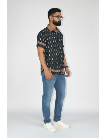 Hand Block Print Black with Brown Collar Mens Shirt