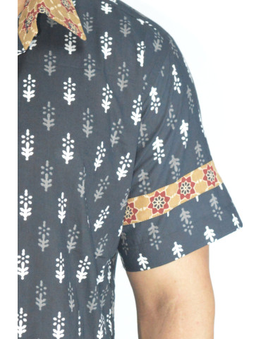 Hand Block Print Black with Brown Collar Mens Shirt