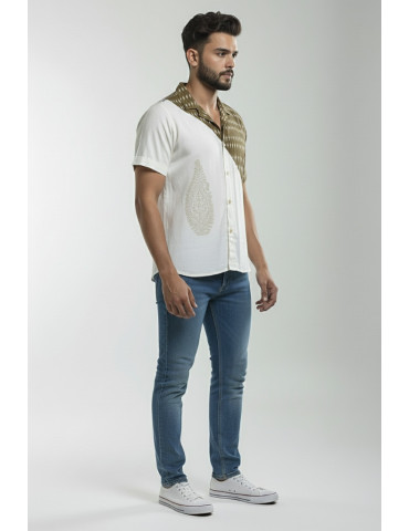 Mercerised Ikkat Brown and Off White Mens Shirt with Pattachitra Print