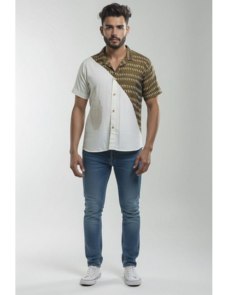 Mercerised Ikkat Brown and Off White Mens Shirt with Pattachitra Print
