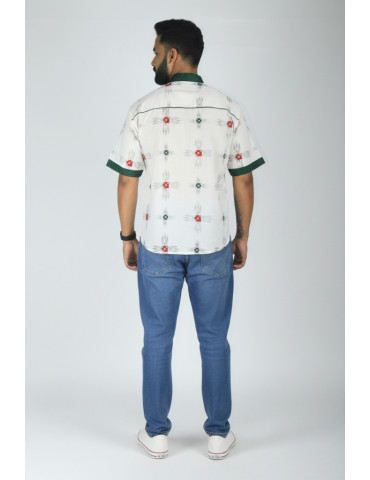 Pure Cotton Sambalpuri Print Mens Shirt with Solid Green Patch Work