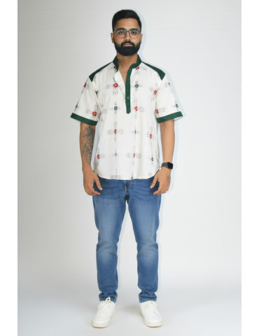 Pure Cotton Sambalpuri Print Mens Shirt with Solid Green Patch Work
