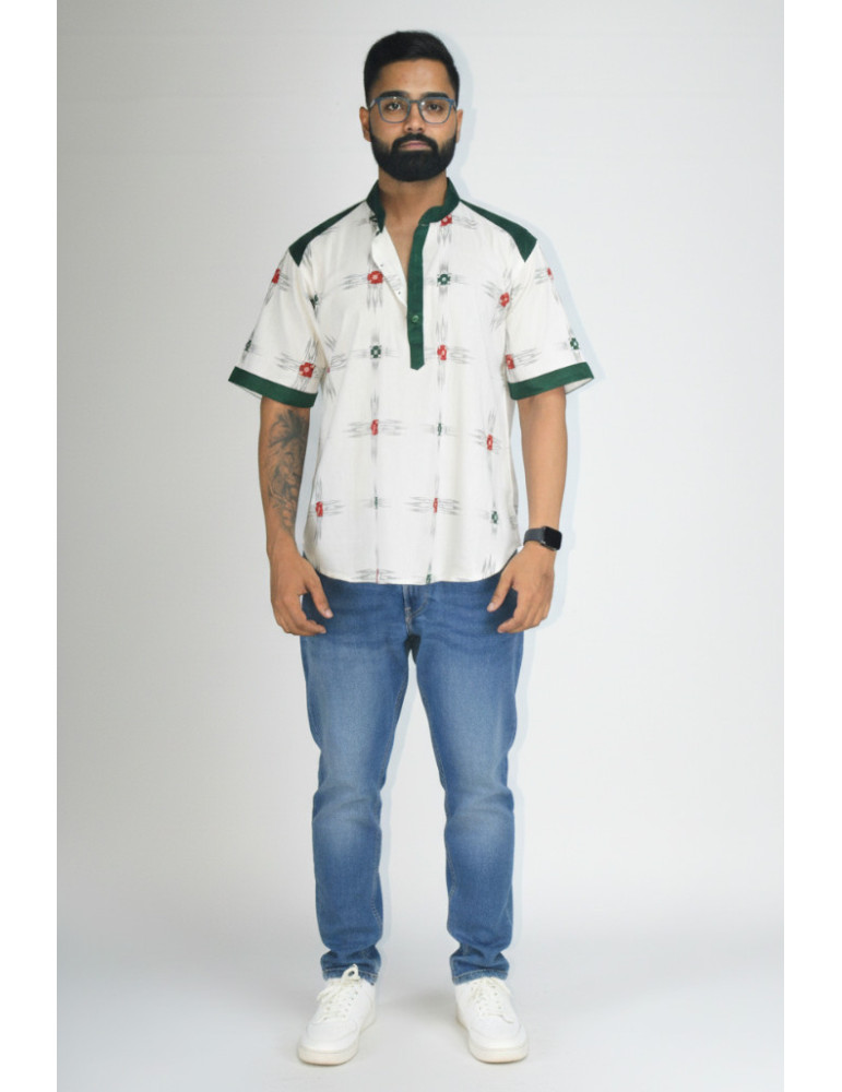Pure Cotton Sambalpuri Print Mens Shirt with Solid Green Patch Work