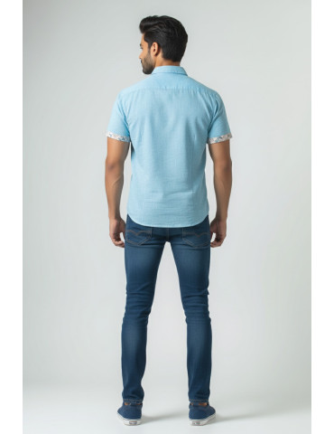Khadi Cotton Light Blue Mens Shirt with Designer Patch Work