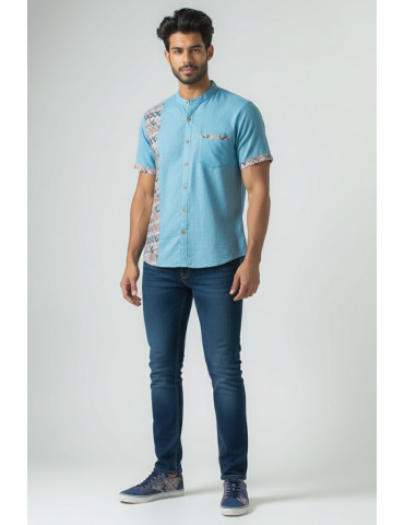 Khadi Cotton Light Blue Mens Shirt with Designer Patch Work