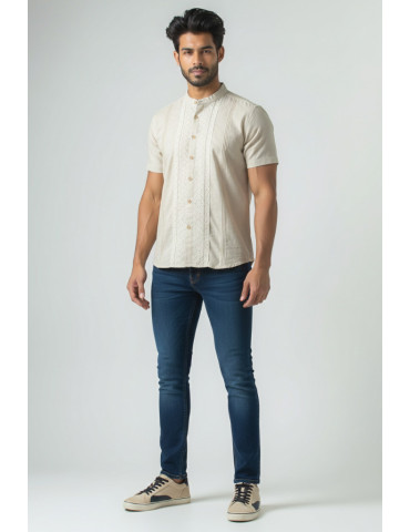 Khadi Cotton Light Brown Mens Shirt with Embroidary Patch Work