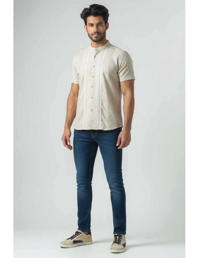 Khadi Cotton Light Brown Mens Shirt with Embroidary Patch Work