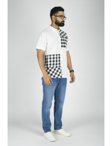 Pure Cotton White Body Black Checker Patch Mens Shirt