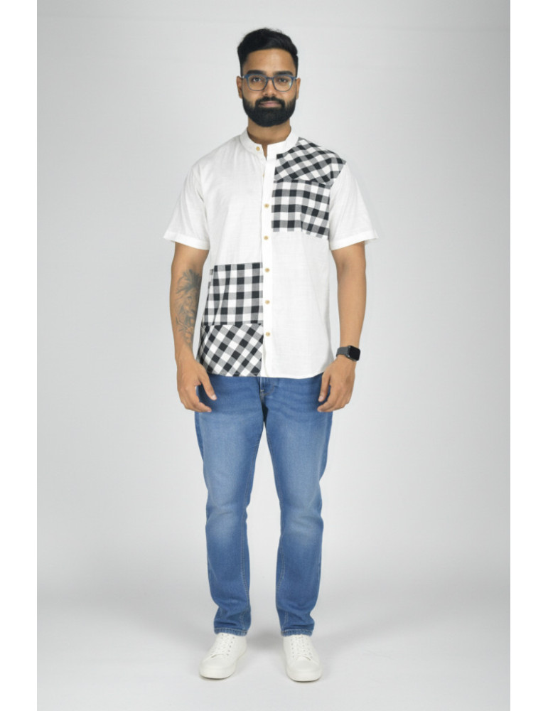 Pure Cotton White Body Black Checker Patch Mens Shirt