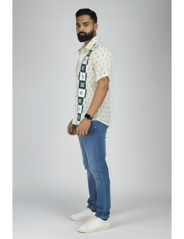 Pure Cotton Off White Body Green Sambalpuri Print Patch Mens Shirt