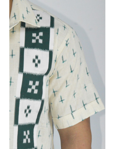 Pure Cotton Off White Body Green Sambalpuri Print Patch Mens Shirt