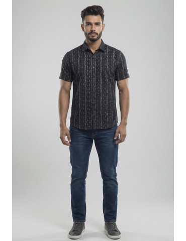 Men Shirt Black Body Grey Border Vertical Pattern Sambalpuri Handloom shirt