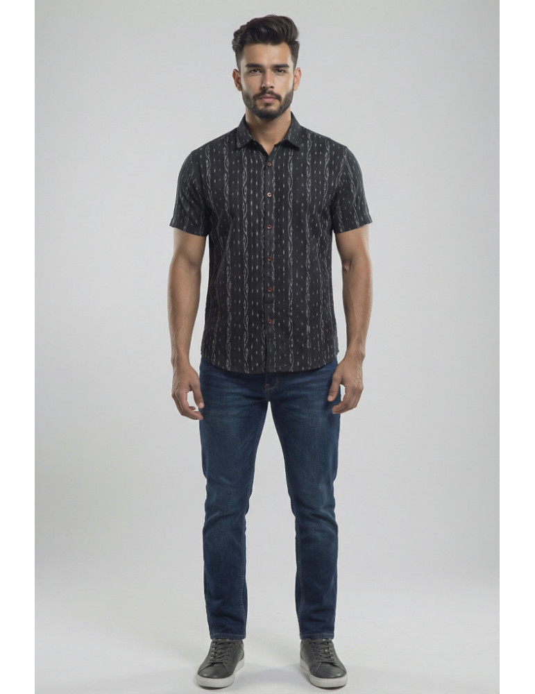 Men Shirt Black Body Grey Border Vertical Pattern Sambalpuri Handloom shirt