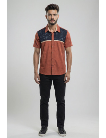 Men Shirt Rust Handloom With Black Sambalpuri Patch