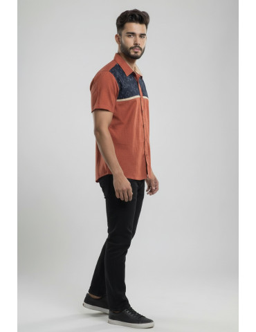 Men Shirt Rust Handloom With Black Sambalpuri Patch