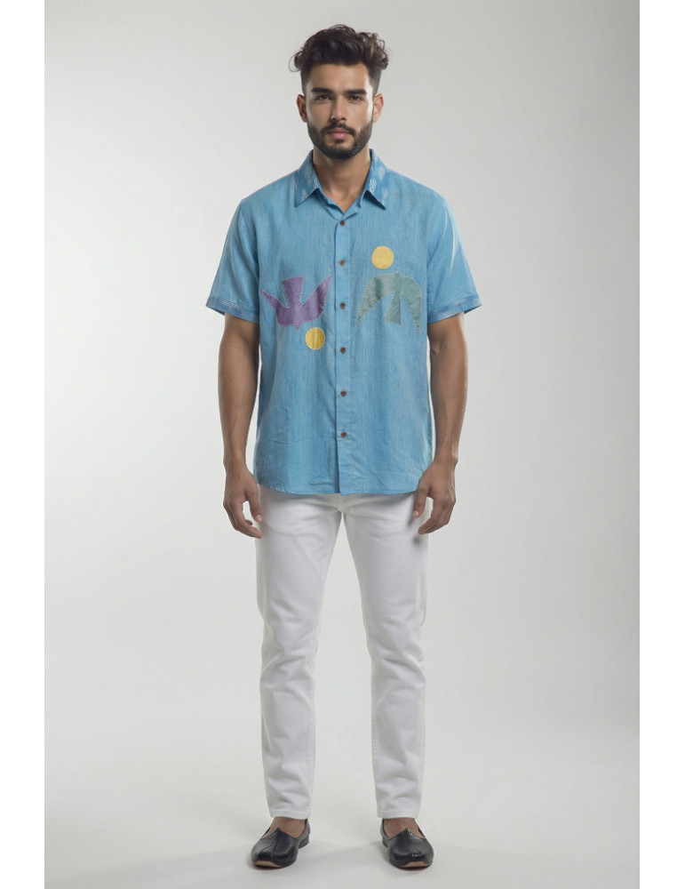 Men Shirt Sky-Blue Body With Appique Work