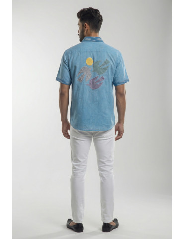 Men Shirt Sky-Blue Body With Appique Work