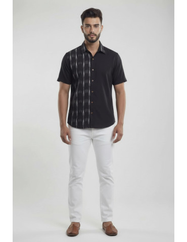 Men Shirt Black Body Light Grey Vertical Pattern Ikkat