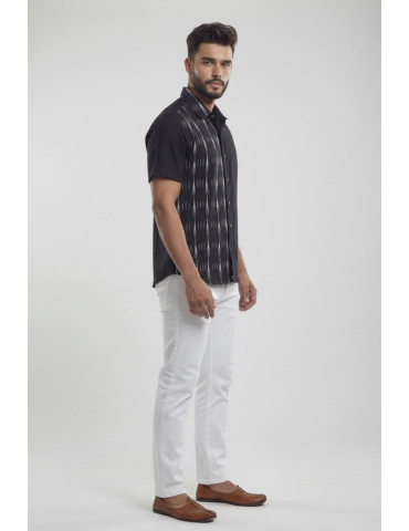 Men Shirt Black Body Light Grey Vertical Pattern Ikkat