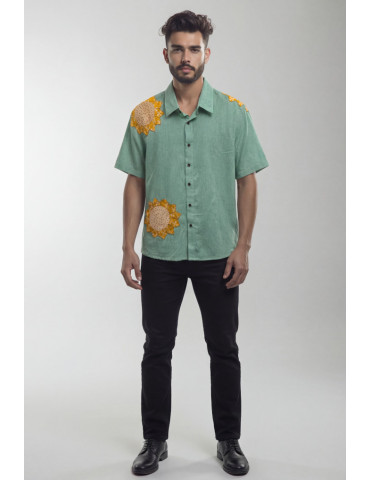Men Shirt Sage Green Body Mustard Yellow Applique Sunflower Work
