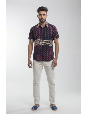 Men Ajrakh Handblock Shirt Deep Navy Blue Body Rust Red Off-White Geometric Pattern