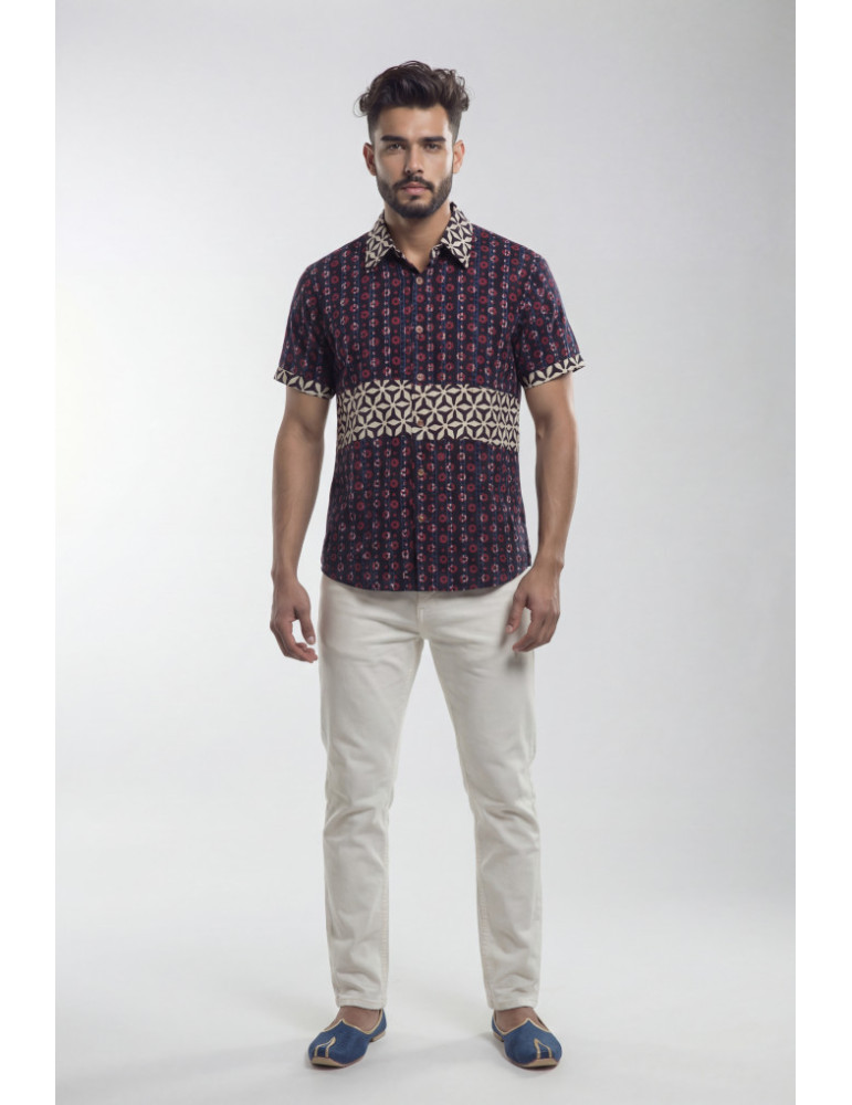 Men Ajrakh Handblock Shirt Deep Navy Blue Body Rust Red Off-White Geometric Pattern