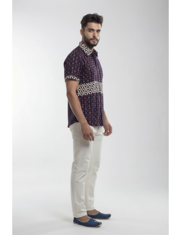 Men Ajrakh Handblock Shirt Deep Navy Blue Body Rust Red Off-White Geometric Pattern