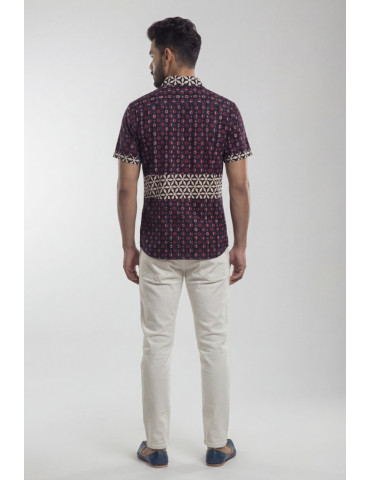 Men Ajrakh Handblock Shirt Deep Navy Blue Body Rust Red Off-White Geometric Pattern
