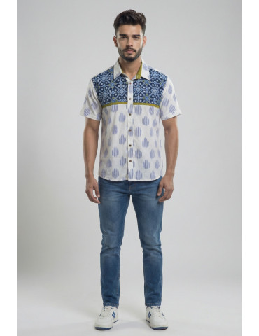 Men Patchwork Handloom Shirt White Body Dark blue Geometric And Yellow Horizontal Pattern