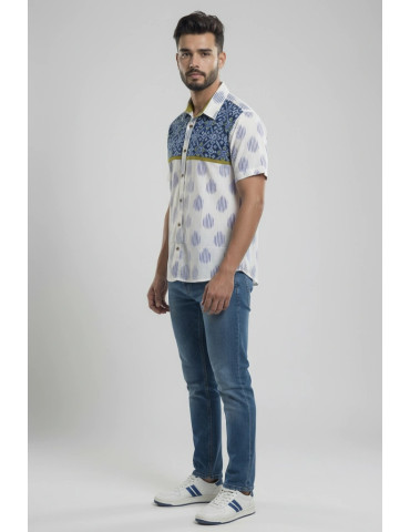Men Patchwork Handloom Shirt White Body Dark blue Geometric And Yellow Horizontal Pattern