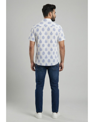 Men Patchwork Handloom Shirt White Body Dark blue Geometric And Yellow Horizontal Pattern