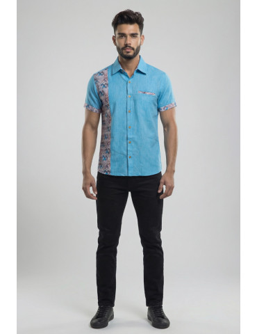 Men Patchwork Handloom Light Blue Floral Designer Shirt