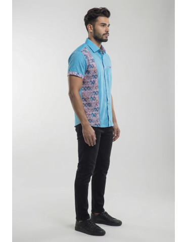 Men Patchwork Handloom Light Blue Floral Designer Shirt