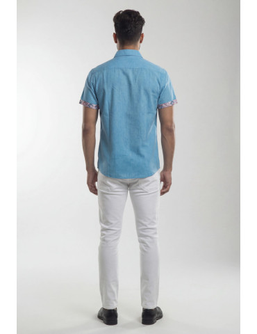 Men Patchwork Handloom Light Blue Floral Designer Shirt