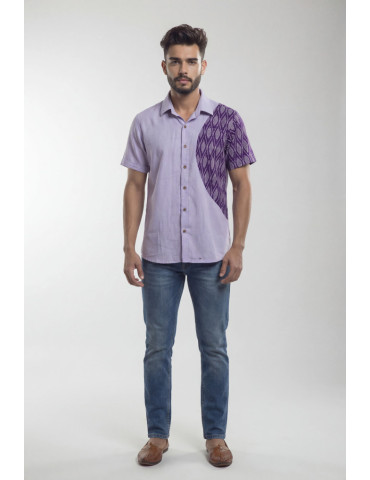 Men Mercerised Ikkat Handloom Shirt Light Purple Body Dark Purple Geometric Pattern In one Side panel