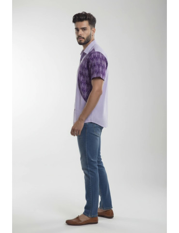 Men Mercerised Ikkat Handloom Shirt Light Purple Body Dark Purple Geometric Pattern In one Side panel