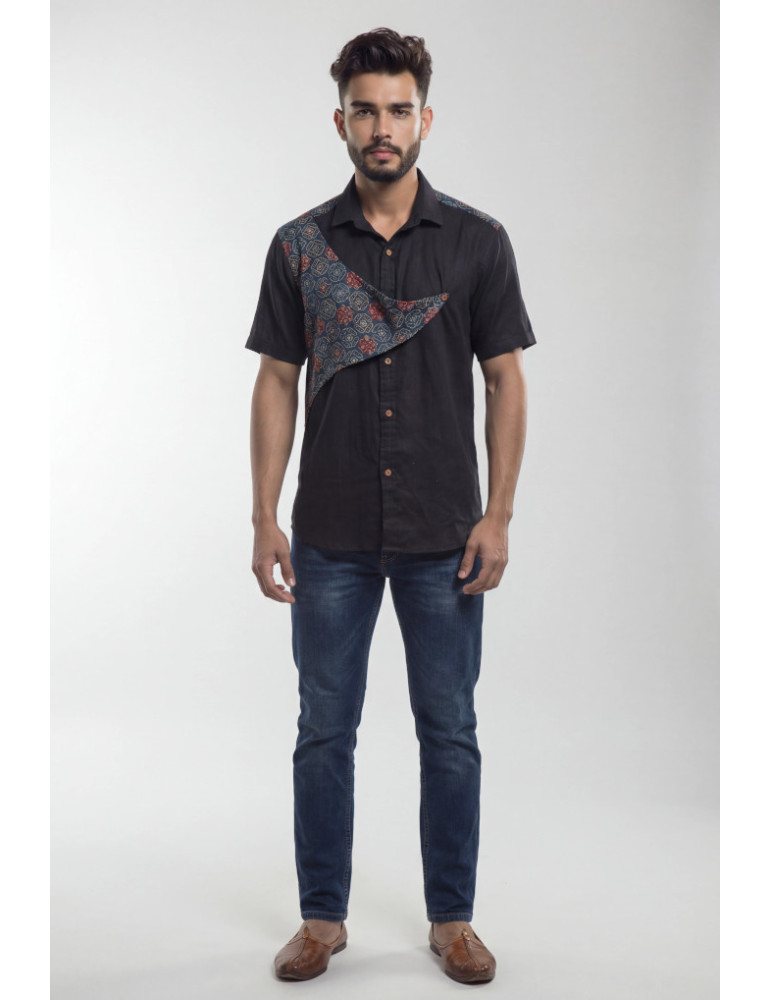 Men Ajrakh Handblock Shirt  Black Body Asymmetrical Diagonal Floral Designe Shirt