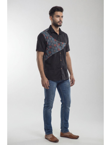 Men Ajrakh Handblock Shirt  Black Body Asymmetrical Diagonal Floral Designe Shirt