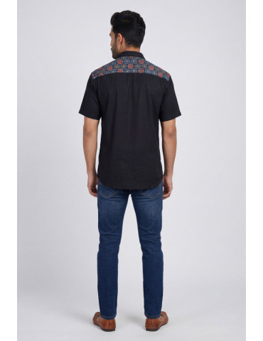 Men Ajrakh Handblock Shirt  Black Body Asymmetrical Diagonal Floral Designe Shirt