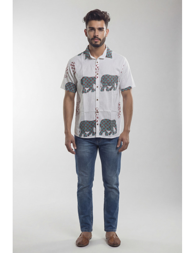 Men White Elephant Print Handloom Designe Shirt