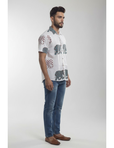Men White Elephant Print Handloom Designe Shirt