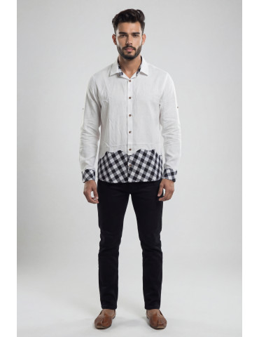 Men Handloom Black And White Checkered Pattern Designer Full Sleeve Shirt