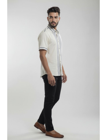 Ikkat Handloom Off-White Cotton Grey Mens Shirt