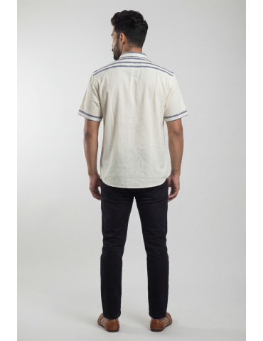 Ikkat Handloom Off-White Cotton Grey Mens Shirt